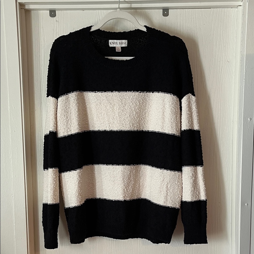 Knox Rose Black & Cream Striped Textured Sweater Large